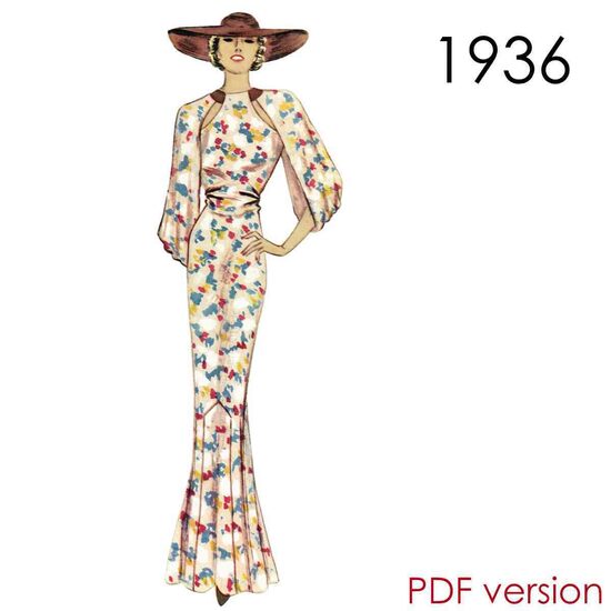 1936 Gown 90 cm to 98 cm (35.4"-38.6") bust. PDF pattern.